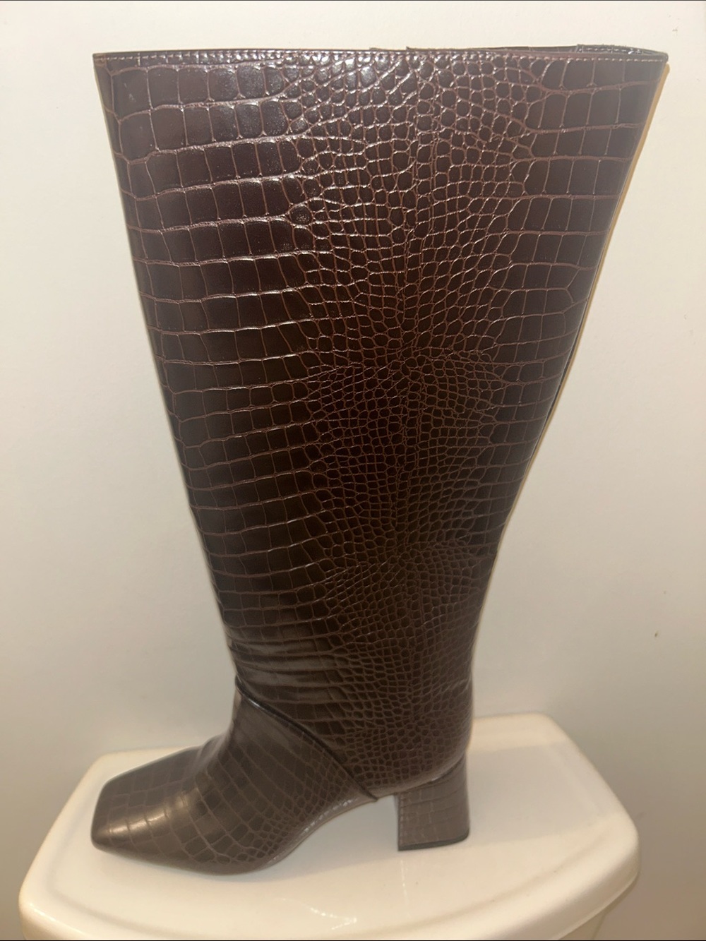 Women's Tall Croc-Embossed Brown Leather Boots Not Calf!